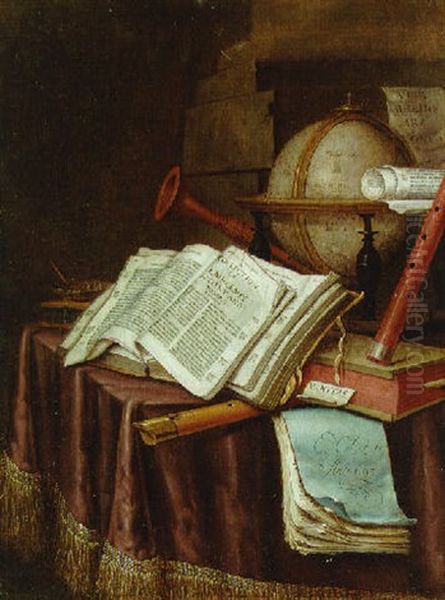 A Vanitas Still Life With A Globe, Musical Instruments, A Score And An Emblem Book On A Draped Table Before A Column - view 1