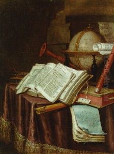 A Vanitas Still Life With A Globe, Musical Instruments, A Score And An Emblem Book On A Draped Table Before A Column by Edward Collier