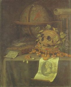 A Vanitas Still Life With A Skull In A Jewelled Crown, An Astrological Globe, A Portrait Of Emperor Augustus And Other Objects On A Draped Table