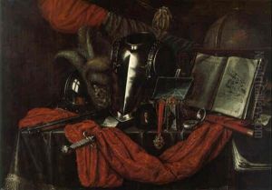 A Suit Of Armor, A Sword, A Rifle And Other Objects On A Draped Table