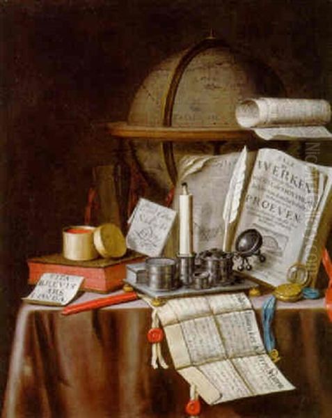 Books, Manuscripts, A Globe And Other Objects On A Draped Table - view 1