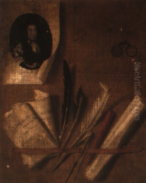 Trompe-l'oeil Still Life With Papers, Spectacles, Feathers And Print Of A King - view 1