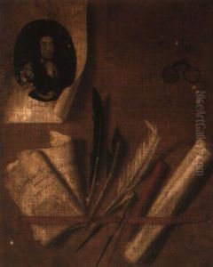 Trompe-l'oeil Still Life With Papers, Spectacles, Feathers And Print Of A King by Edward Collier