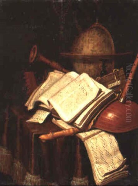 A Globe, Musical Instruments, A Score And Books On A Draped Table - view 1