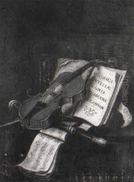 A Vanitas Still Life Of A Violin, Recorder, Books And Hourglass On A Table - view 1