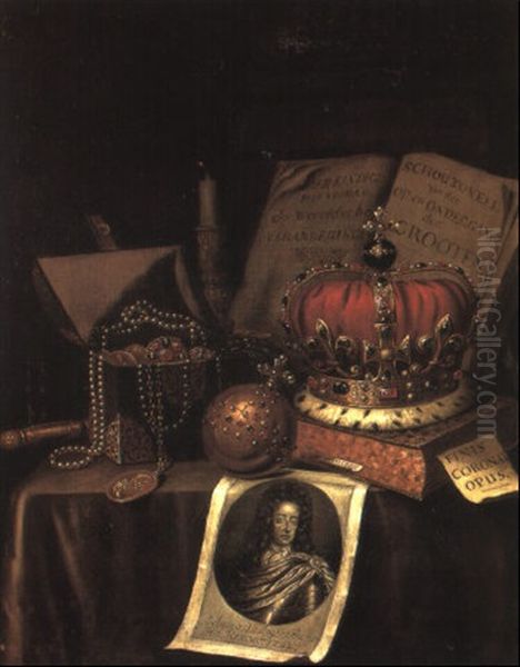 A Vanitas Still Life Of Worldy Possessions On A Draped Table - view 1