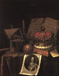 A Vanitas Still Life Of Worldy Possessions On A Draped Table A Vanitas Still Life Of Worldy Possessions On A Draped Table