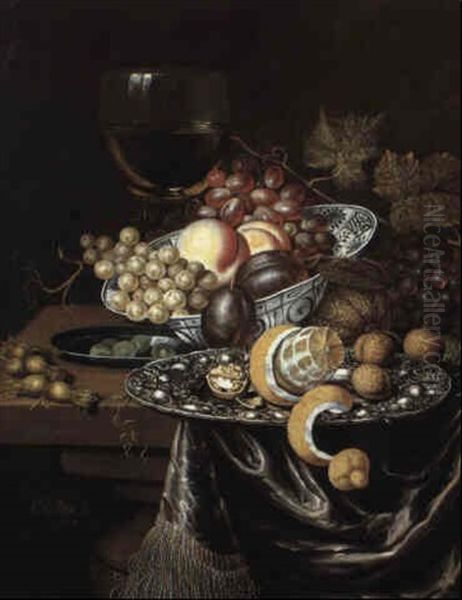 Still Life With Roemer, Fruit And Walnuts On A Draped Table - view 1