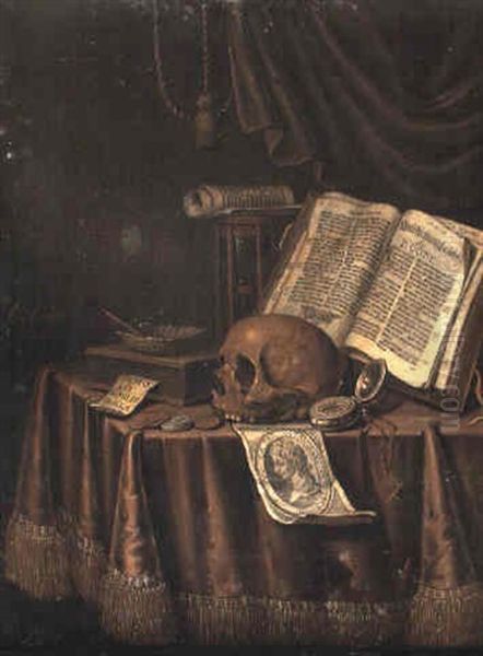 Vanitas Still Life With A Skull, Hourglass, Books And Bubbles In A Shell - view 1