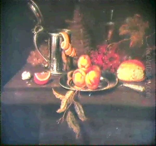 Stilleben Mit Zinnkrug, Weinkelch, Korbflasche, Traubenzweigen, Orangenschnitz, ... - view 1