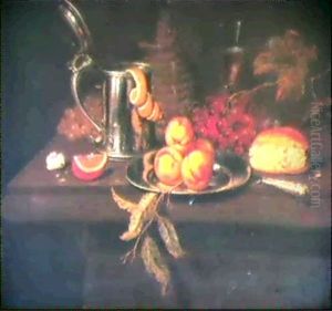 Stilleben Mit Zinnkrug, Weinkelch, Korbflasche, Traubenzweigen, Orangenschnitz, ... by Edward Collier