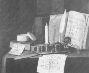 A Vanitas Still Life Of Books, A Pewter Standish And Papers On A Draped Table A Vanitas Still Life Of Books, A Pewter Standish And Papers On A Draped Table