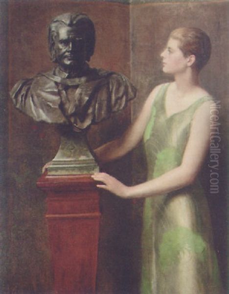Portrait Of A Lady In A Green Dress By A Bronze Bust Of A Scholar - view 1