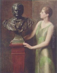 Portrait Of A Lady In A Green Dress By A Bronze Bust Of A Scholar by Collier, John