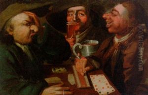Three Men Drinking And Playing Cribbage by John (Tim Bobbin) Collier