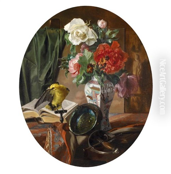 Stillleben Mit Blumen In Einer Chinesischen Vase, Vogel Und Ziergegenstanden - view 1