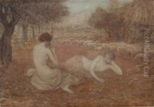 Mythological Scene With Two Draped Nudes In A Landscape With Sheep - view 1