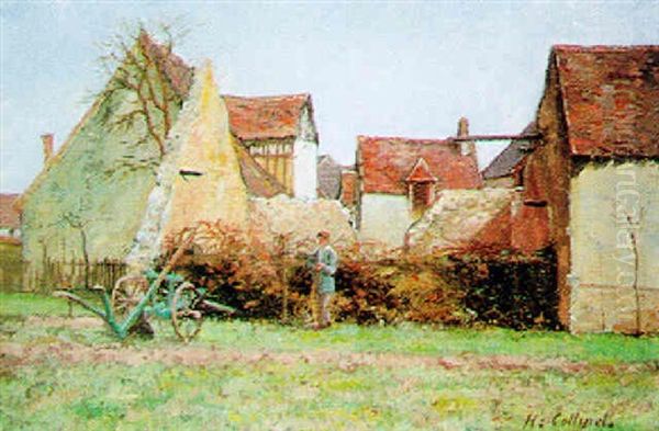 Paysan Et Charrue Derriere Une Ferme - view 1