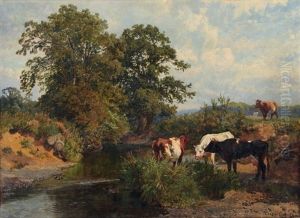 Rastende Kuhe Am Sommerlichen Flusslauf by Charles Collins II