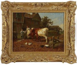 Farmyard Scene, With Woman And Boy Watching A Cow And Calf With Doves And Hens by Charles Collins II