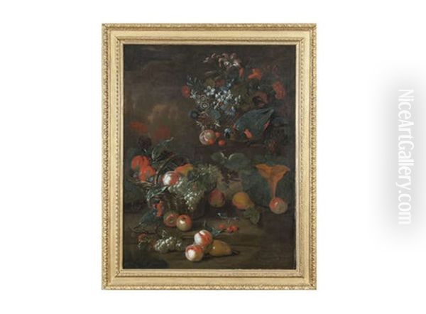Still Life With A Basket Of Flowers And Two Parrots On Steps by Charles Collins