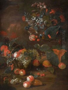 Sill Life Of Two Parrots, With A Basket Of Peaches And Grapes And A Basket Of Flowers by Charles Collins