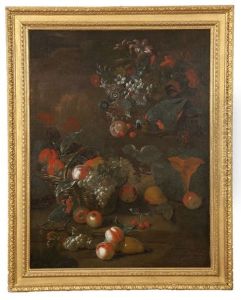 Still Life With A Basket Of Flowers And Two Parrots On Steps by Charles Collins