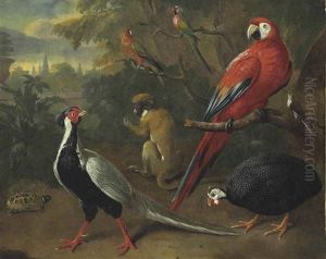 A Scarlet Macaw, Helmeted Guineafowl, Silver Pheasant, And Other Exotic Birds With A Monkey And A Tortoise In A Garden, A Landscape Beyond by Charles Collins