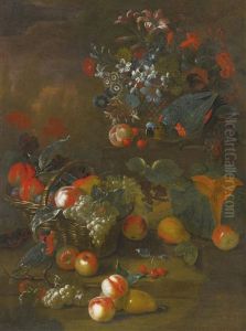 Still Life With Two Parrots, A Basket Of Flowers, A Basket Of Peaches And Grapes, A Pear And Cantaloupe In Front