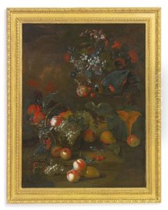 Still Life With Two Parrots, A Basket Of Flowers, A Basket Of Peaches And Grapes, A Pear And Cantaloupe In Front