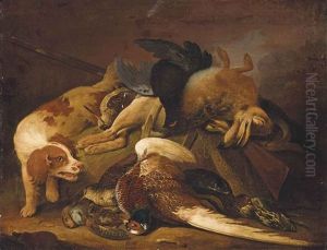Dead Game With A Hare, Pheasants And Grouse With A Spaniel, In A Landscape by Charles Collins
