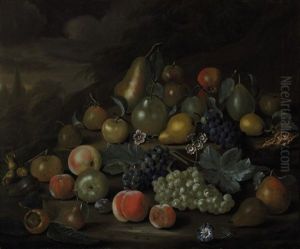 Still Life Of Pears, Peaches, Apples, Plums, Grapes, Hazelnuts, And Flowers On A Bank