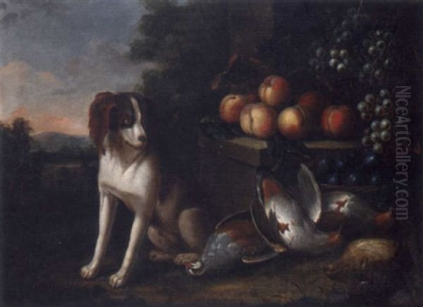 Grapes In A Basket Upon A Stone Ledge With Dead Game And A Spaniel, A Landscape Beyond - view 1