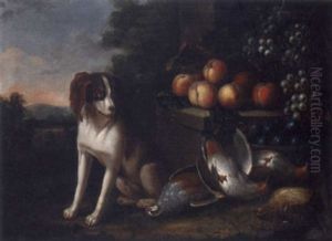 Grapes In A Basket Upon A Stone Ledge With Dead Game And A Spaniel, A Landscape Beyond by Charles Collins