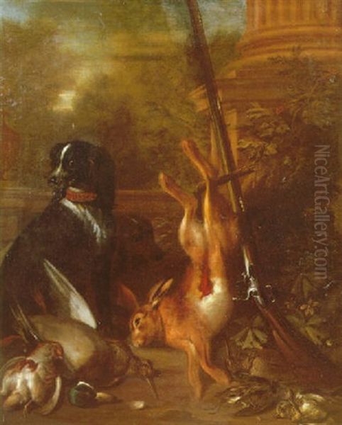 A Still Life Of Game Including A Hare, A Drake Mallard, Grey Partridge, Woodcocks, A Musket In A Formal Garden With Two Dogs Looking On - view 1