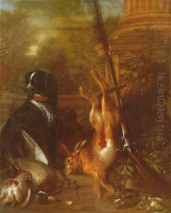 A Still Life Of Game Including A Hare, A Drake Mallard, Grey Partridge, Woodcocks, A Musket In A Formal Garden With Two Dogs Looking On by Charles Collins