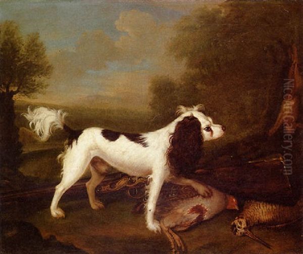A King Charles Spaniel With Dead Game And A Gun, In A Wooded Landscape - view 1