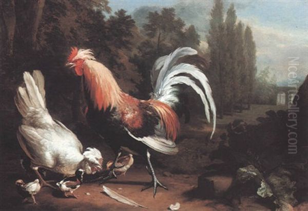 Silver Houdon Hen With Chicks And Cockerel In A Landscape - view 1