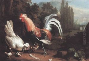 Silver Houdon Hen With Chicks And Cockerel In A Landscape by Charles Collins