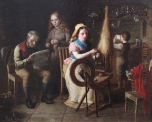 Cottage Interior With Woman Spinning