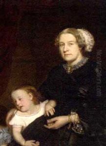 Portrait Of Mother And Child Seated, The Mother In A Black Dress With Lace Trimming, Her Daughter By Her Side by Hugh Collins
