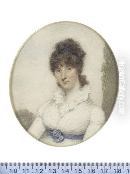 A Lady, Seated Before A Landscape Vista, Wearing White Dress With Frilled Neckline And Blue Sash Tied At Her Waist, Her Brown Hair Partially Upswept And Secured With A Black Bandeau - view 1