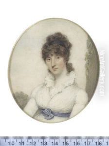 A Lady, Seated Before A Landscape Vista, Wearing White Dress With Frilled Neckline And Blue Sash Tied At Her Waist, Her Brown Hair Partially Upswept And Secured With A Black Bandeau