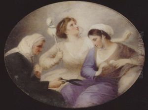 The Three Norns. Past Wearing Cream Dress, Gazes Skyward And Holds A Spindle, Future Wearing Black Dress And White Head Scarf, Cuts The Thread Held By Present... by Richard Collins