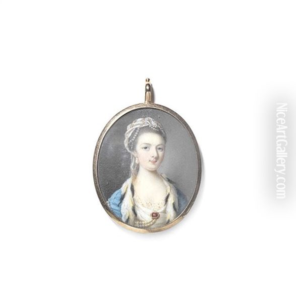 A Lady Wearing An Ermine Trimmed Turquoise Blue Cloak - view 1