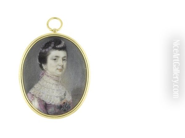 A Lady, Wearing Pink Dress And Tiered White Lace Collar, Her Sleeve Decorated With Pearls And Slashed To Reveal White, A Floral Posy To Her Corsage, Pearl Choker And Earrings - view 1
