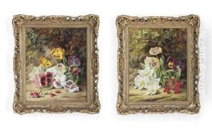 Pansies On A Mossy Bank (+ Pansies And Fuchsia; Pair) by Thomas Collins