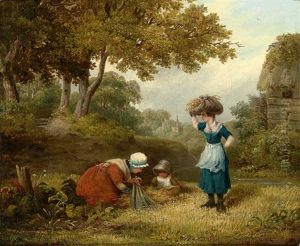Familie Bei Der Nachlese Auf Einem Weizenfeld Vor Englischer Landschaft Mit Kirchdorf