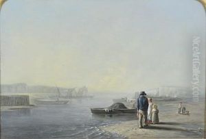 Figures On The Shore, Wth Laden Rowing Boats And Distant Sailing Vessels Figures On The Shore, Wth Laden Rowing Boats And Distant Sailing Vessels