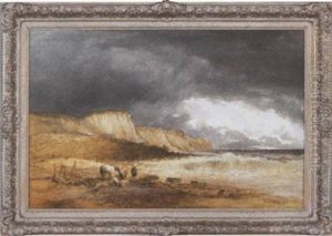 Seascape With Waves In Headland And Figures Gathering Kindling For Camp On Shore